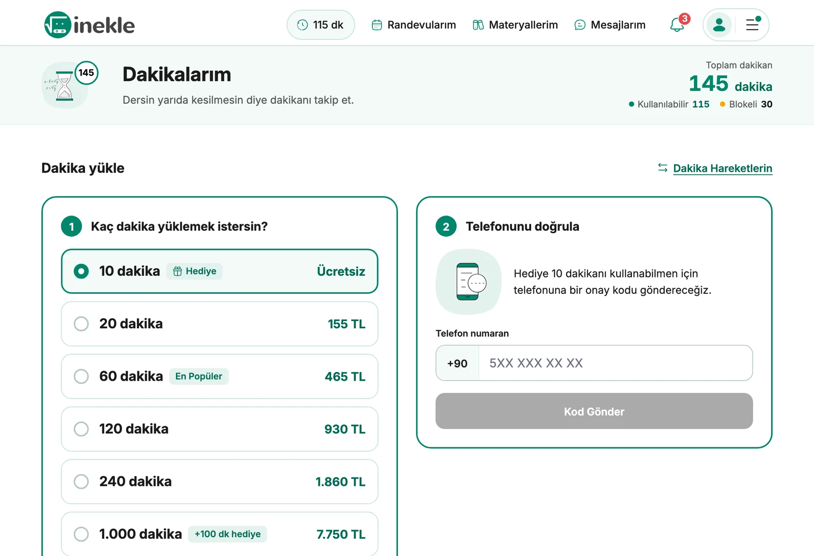 Dakikalarım ekranında hediye 10 dakika seçili